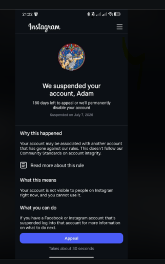 pressB20742's tweet photo. My instagram account also got suspended on July 7, 2026 so I do believe maybe meta ai scanning bot got glitchy and broken so appeal immediately im still waiting for them to have a decision https://t.co/qMO2peygHY