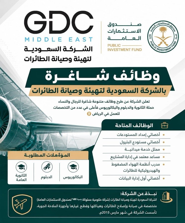 MoheetJop's tweet photo. 🟢 وظائف للثانوية فأعلى في شركة حكومية (للجنسين):

  الشركة السعودية لتهيئة وصيانة الطائرات (مملوكة لصندوق الاستثمارات بنسبة 80%) 
تعلن عن طرح #وظائف للجنسين حملة (الثانوية والدبلوم والبكالوريوس). 

 التفاصيل:https://t.co/k8nQ96T7gH
#وظائف_شاغرة https://t.co/NPZQno6Lu6