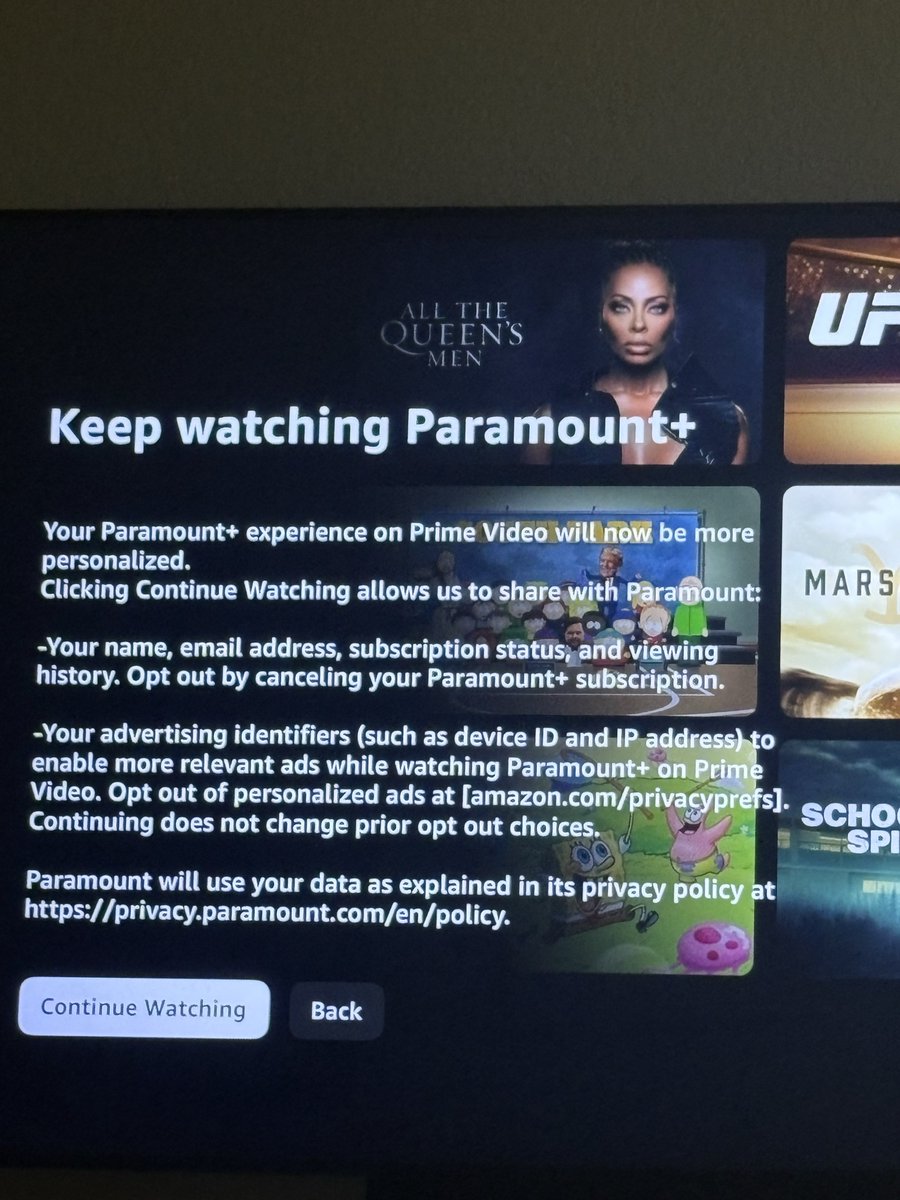 FL_CardDad's tweet photo. Hey @AmazonHelp how about I cancel my entire Prime + subscription after seeing this. Definitely canceling Paramount+ and all the rest of the add on channels I have through you because it was seamless. Now you are a SELLOUT OF MY INFORMATION https://t.co/yqFrIKTUVf