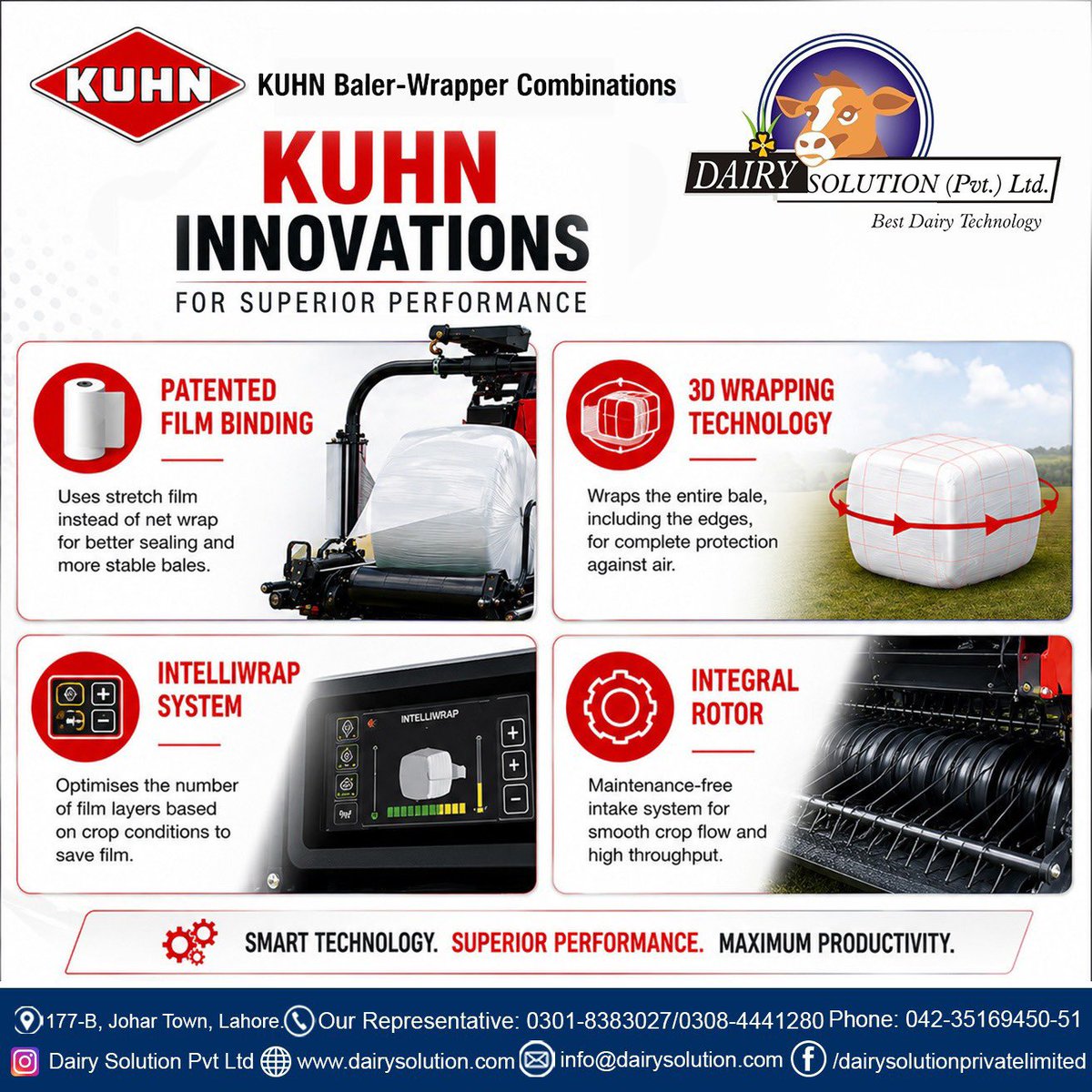 PvtDairy's tweet photo. KUHN Baler-Wrapper Combinations are engineered for superior silage, higher efficiency and maximum productivity.

Available in Pakistan through Dairy Solution Pvt. Ltd.

#KUHN #SilageSolutions #ForageTechnology #DairySolution #FarmMachinery https://t.co/tInlfSHa9s