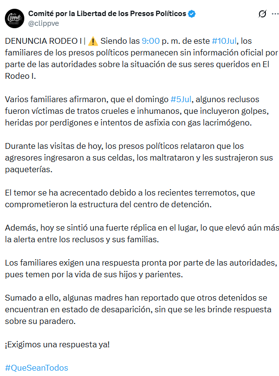 eldiario's tweet photo. #10Jul | El Comité por la Libertad de los Presos Políticos (@clippve) denunció que los familiares de los presos políticos recluidos en El Rodeo I (Miranda) aún no tienen información oficial sobre la situación de sus seres queridos.

Más temprano, familiares de los presos políticos denunciaron que, durante la jornada del domingo #5Jul, sus seres queridos fueron agredidos en este centro de reclusión, lo que incluyó “golpes, heridas por perdigones e intentos de asfixia con gas lacrimógeno”.

“Los familiares exigen una respuesta pronta por parte de las autoridades, pues temen por la vida de sus hijos y parientes. Sumado a ello, algunas madres han reportado que otros detenidos se encuentran en estado de desaparición, sin que se les brinde respuesta sobre su paradero”, indicó la organización en sus redes sociales.