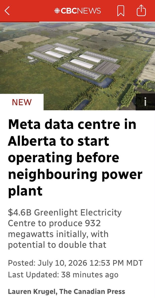 terry_truchan's tweet photo. Meta says they expect the $13-billion-plus data centre will be online in the next 2 to 3 years, &amp; at least 4 years before the new gas plant is operational.

In the meantime, Meta has rights to connect to Alberta's grid ahead of the Greenlight Electricity Centre starting up.” https://t.co/QmwxII0RSb