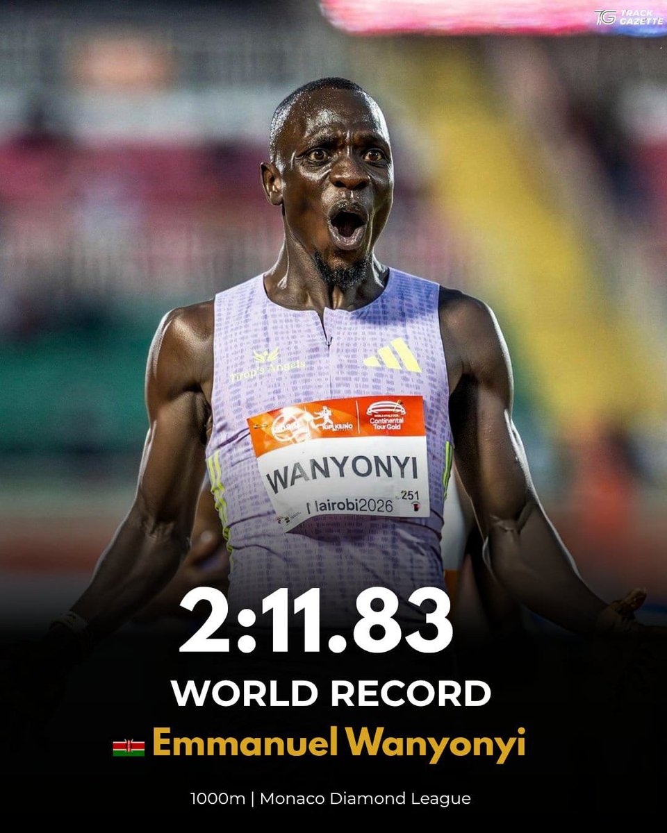 WilliamsRuto's tweet photo. Congratulations to Emmanuel Wanyonyi on breaking the men's 1000m world record with a remarkable 2:11.83 at the Monaco Diamond League, ending a 27-year wait for a new world record in the event. 

Wanyonyi's historic achievement has once again shown the world the strength of Kenyan athletics and made our nation immensely proud. His outstanding milestone will inspire many more generations of champions.
