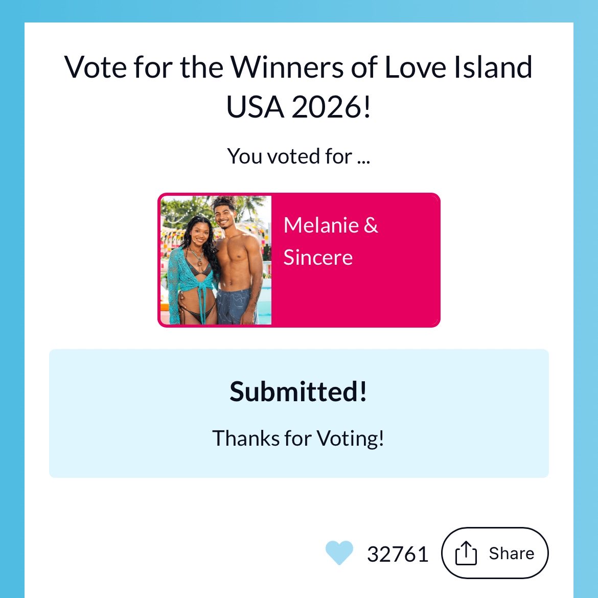 brookelivs's tweet photo. VOTE MELANIE AND SINCERE 🚨🚨🚨🚨🚨🚨🚨🚨🚨 #loveislandusa https://t.co/k4YbRCVcr9