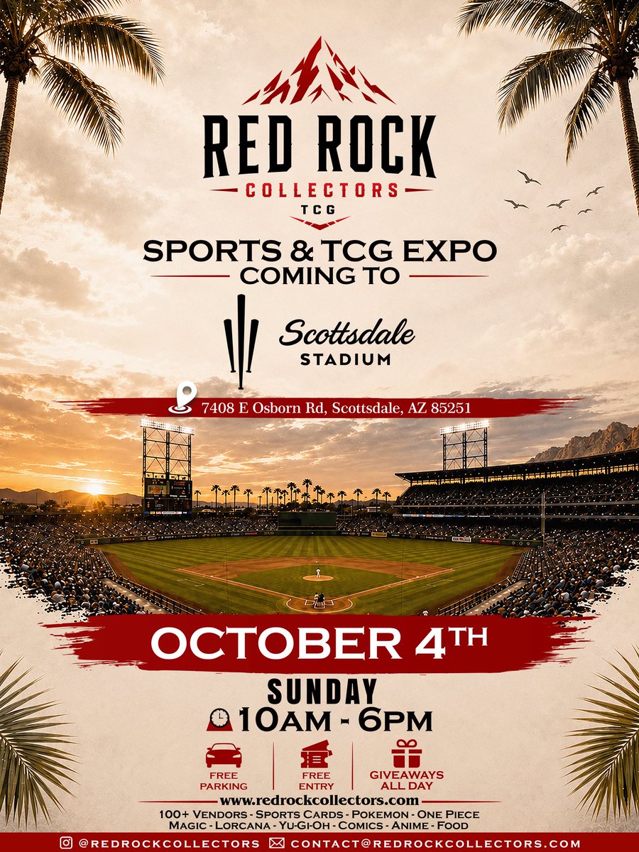 RedRockCollectr's tweet photo. 🚨 BIG ANNOUNCEMENT! 🚨

Red Rock Collectors is officially coming to Scottsdale, Arizona! 🎉

We’re excited to bring an incredible TCG & collectibles show to Scottsdale Stadium with:

🎟️ FREE admission
🎁 Giveaways all day
🚪Doorbusters for first in line
🅿️ FREE covered garage parking
🎴 Amazing vendors

Vendor Presale is NOW OPEN — exclusively for members of the Red Rock Collectors Vendor List!

If you’d like early access to vendor tables before they become available to the public, contact us today:

📧 contact@redrockcollectors.com
📩 Or send us a DM on Instagram.

Stay tuned for more event details, giveaways, and exciting announcements!

#RedRockCollectors #ScottsdaleAZ #ArizonaTCG #Pokemon #Arizona