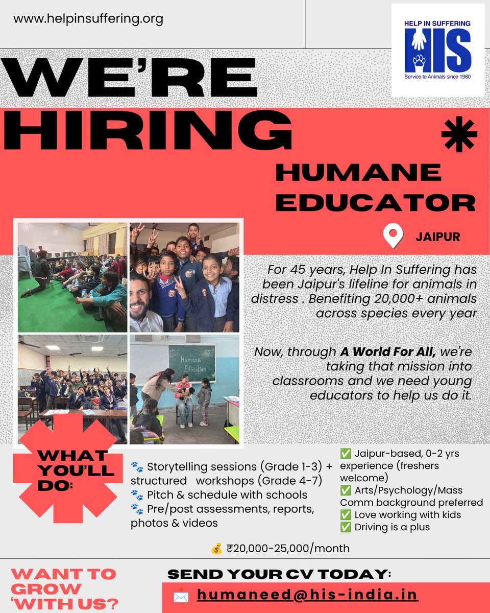 HelpSufferingIN's tweet photo. We're hiring a Humane Educator in Jaipur 🐾
Teach empathy &amp; animal safety to schoolchildren through storytelling sessions and workshops. Freshers welcome, Arts/Psych/Mass Comm background a plus.
 📩 humaneed@his-india.in
#AnimalWelfare #WorkWithPurpose https://t.co/wVBH2ym7mh