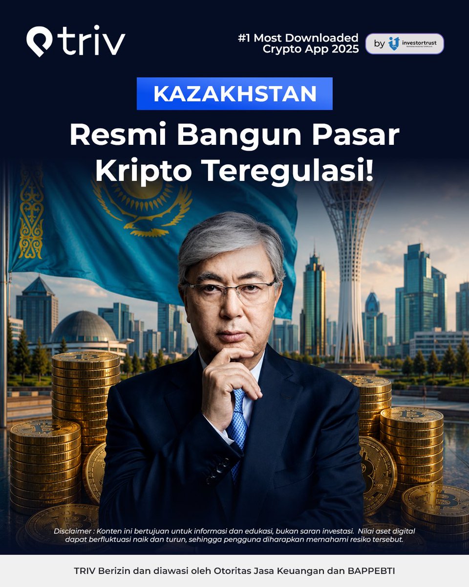 TrivExchange's tweet photo. Kazakhstan serius masuk ke kripto! 🇰🇿

Kassym-Jomart Tokayev, Presiden Kazakhstan, resmi menandatangani dekrit untuk membangun pasar kripto terregulasi yang mencakup aturan pembayaran stablecoin, insentif pajak, dan opsi energi baru untuk mining.

Langkah ini memperkuat posisi Kazakhstan yang sudah dikenal sebagai salah satu hub mining kripto terbesar di dunia setelah China memperketat regulasinya di 2021.

TRIVERS, makin banyak negara yang serius soal kripto nih. Next siapa lagi ya? 👀