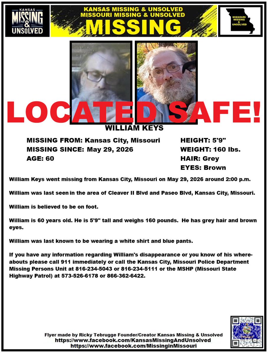 KansasMissing's tweet photo. WILLIAM HAS BEEN #LOCATED SAFE!!! THANK YOU TO ALL WHO SHARED HIS FLYER!!!
#KansasMissing
#MissingInKS
#MissingInKansas
#MissingInMissouri
#MissingInMO
#KansasCity
#Missouri
@AnnetteLawless https://t.co/XralUO3UfS