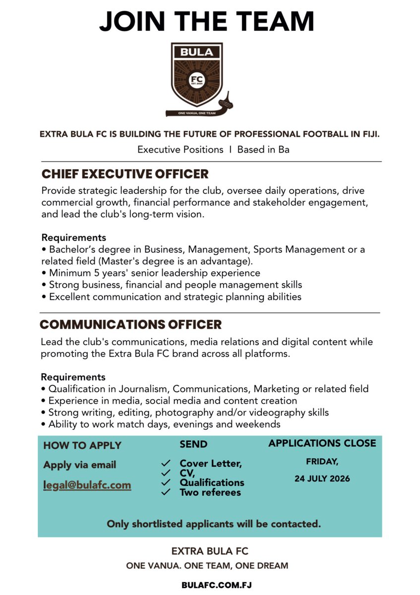 thebulafc's tweet photo. Extra Bula FC is looking for passionate leaders to help shape the next chapter of our club. If you're ready to make an impact on and off the field, we want to hear from you.

Applications close Friday, 24 July. https://t.co/UbZuq9DVlS