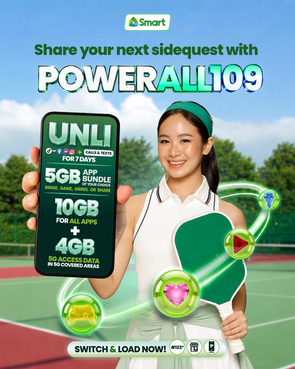 LiveSmart's tweet photo. Keep sharing your sidequests with Power All 109! 💚

Choose the SHARE bundle so you share it all with 5GB app access to TikTok, Facebook, Instagram, and more! Plus UNLI access to TikTok or Facebook, UNLI Calls and Texts, 10 GB data for all apps, 4GB of 5G access in 5G covered areas for 7 days.

📱Load now https://t.co/pmLqJZNHY1

#PowerYourSidequest #SmartPowerAll