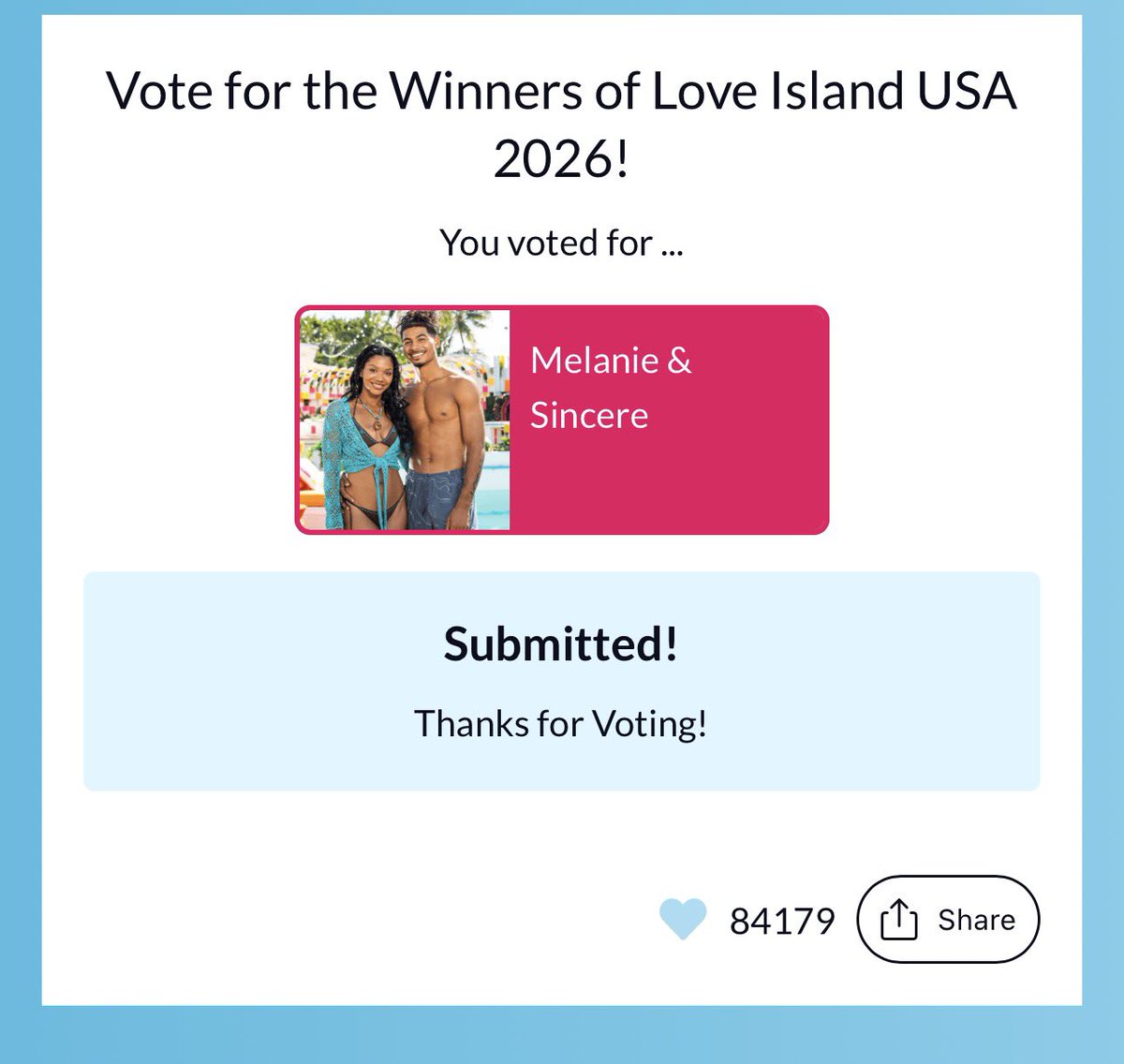 SSshadali's tweet photo. thank you #LoveislandUSA https://t.co/cFZwEoHbKi