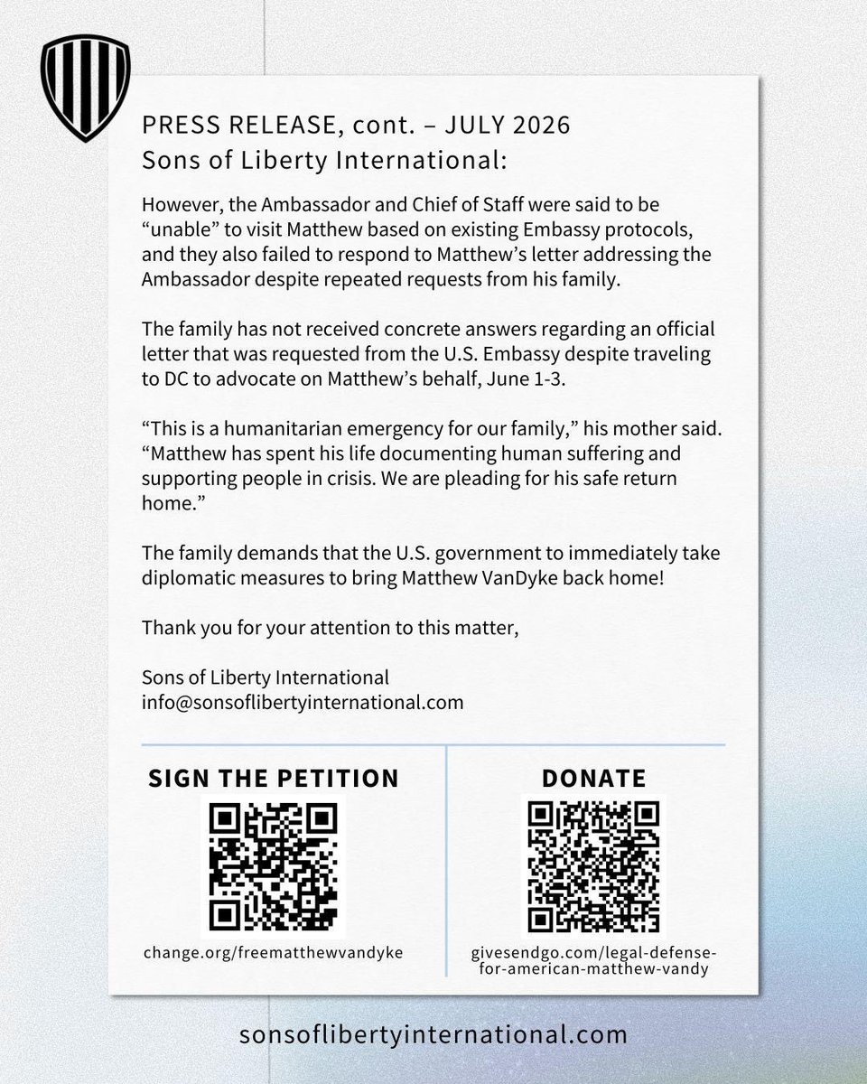 OfficialSOLI's tweet photo. “A humanitarian application submitted by attorneys of @Matt_VanDyke further stated that Matthew’s deteriorating health was visibly evident during his appearance before the Court on 03.07.2026, where he was unable to stand, appeared visibly frail, and experienced considerable difficulty in addressing the Court.” 
#FreeVanDyke #India