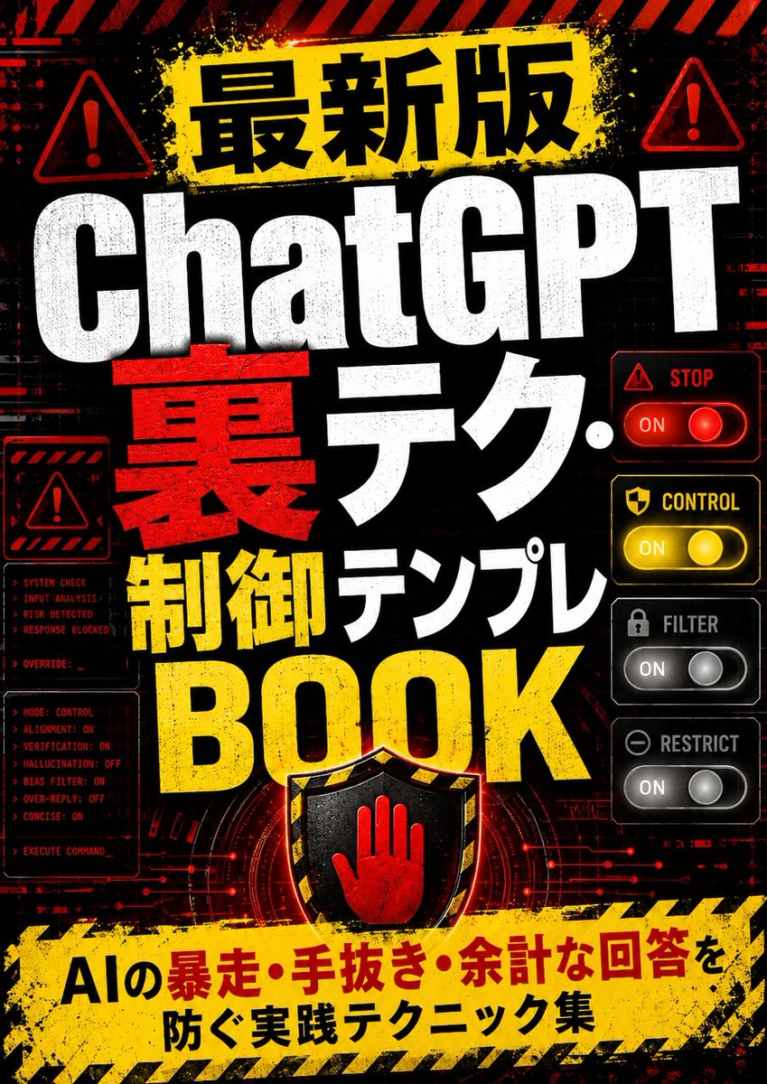 XmanHajime's tweet photo. 【新発売】

ChatGPTに指示したのに、勝手に文章を変えられる。
余計な説明ばかり増える。
同じ質問でも���答の品質が安定しない。

そんな「AIあるある」を減らすための実践テクニックを一冊にまとめました。

良いプロンプトと悪いプロンプトの違いから、文体・長さ・出力形式の固定、禁止事項の守らせ方、自己チェック、実践テンプレートまで詳しく解説。

さらに、Deep Research、エージェント、プロジェクト、メモリー、カスタムGPT、外部ツール連携も紹介しています。

ChatGPTに振り回される側から、目的に合わせて使いこなす側へ。

『最新版ChatGPT裏テク・制御テンプレBOOK』新発売です。

#ChatGPT
#生成AI
#AI活用
#プロンプト
#仕事効率化
#文章作成
#電子書籍