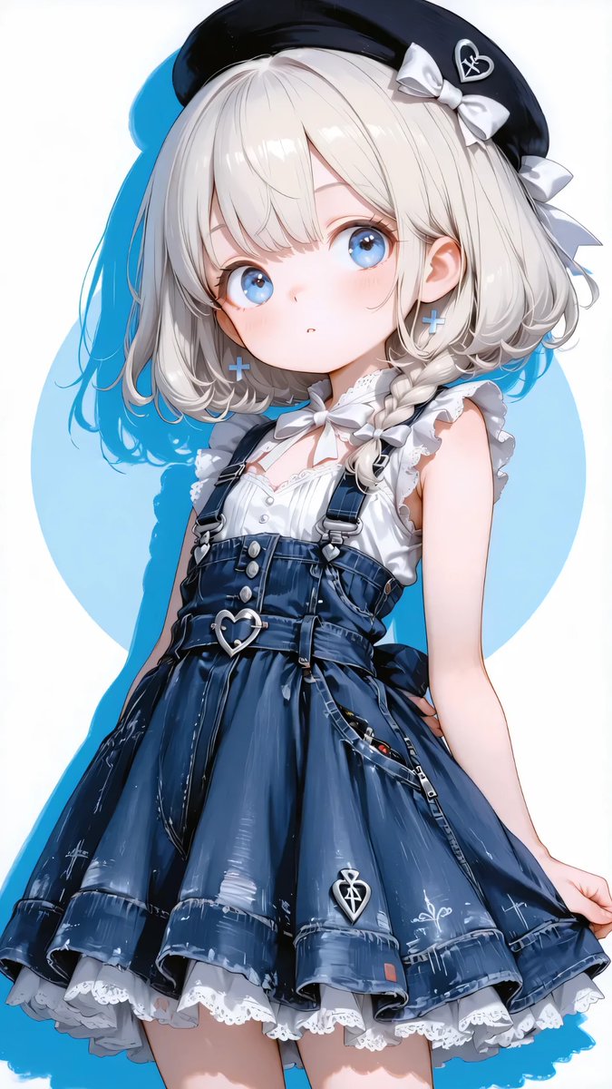 AliceLavli's tweet photo. デニムのジャンパースカートにベレー帽の衣装プロンプトをどうぞ✨
black wool beret, soft rounded silhouette, small silver heart emblem on the right side, dark indigo washed denim sleeveless overall jumper dress, deep indigo blue denim fabric, sweetheart neckline, fitted sleeveless princess seam bodice, white ruffled trim along the neckline, front center silver zipper closure, white satin ribbon bow centered on the bust, high waist overall jumper silhouette, fitted waist, flared A line mini skirt, matching denim waistband with oversized silver heart buckle, delicate silver waist chains draped across both hips, white ribbon lace up details on both skirt sides, multiple white satin ribbon bows decorating the side seams, white rose lace trim around the skirt hem, layered white embroidered lace ruffle petticoat extending beneath the skirt, white lace trim only, white satin bows only, silver zipper, silver heart buckle and silver chains only, crisp dark indigo denim only for the overall jumper dress, strict dark indigo, white and silver color placement