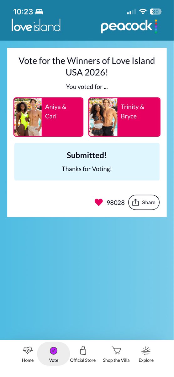 _joannagr's tweet photo. The app allowed me to vote twice 🥂 #loveislandusa https://t.co/GfriNh0prx