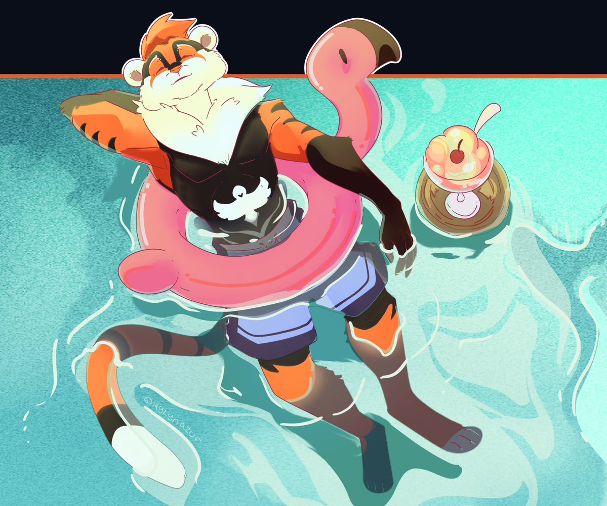 kylynazur's tweet photo. Full body simple commission for client and their tiger character chilling on flamingo floaty. #tiger #furryart #commission_open #art #summer https://t.co/Ede7dMcYs6