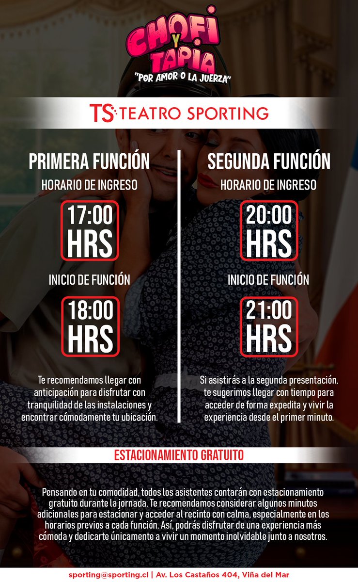 saintjeanjorge's tweet photo. Horarios de hoy en cada función de Chofi y Tapia, apertura de puertas y estacionamiento gratis en Teatro Sporting de Viña del Mar. Nos vemos, gracias. https://t.co/oQ0J5PeI8Q