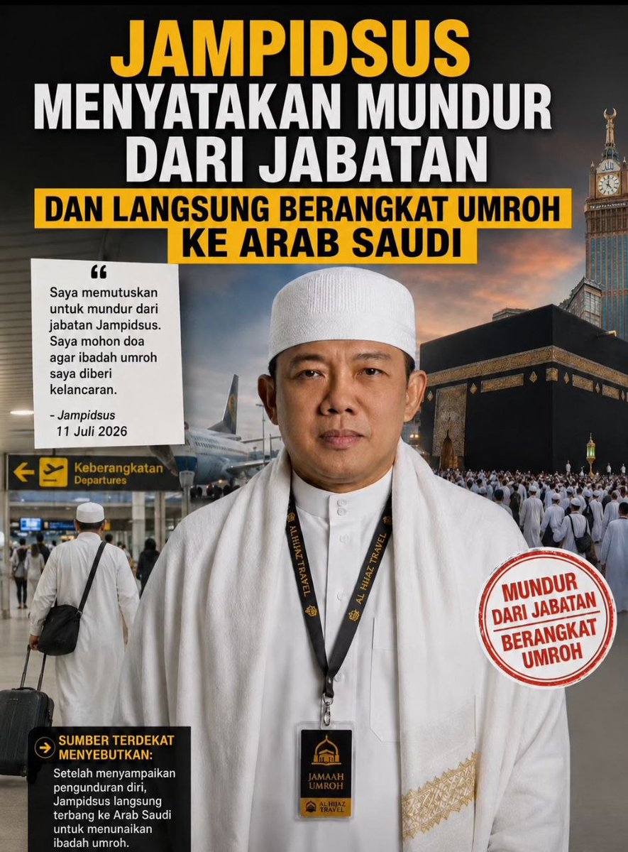 Sentjoko's tweet photo. Indonesia baru sahaja kehilangan penegak hukum anti korupsi yang religius : Febrie Adriansyah, Jampidsus yang SALIH, kandidat terkuat Jaksa Agung. Pasca kediamannya digeledah &amp; emas 74 kg disita, belio mengundurkan diri 11 Juli dini hari dan langsung umroh bersua @allah estewe🤣 https://t.co/ulbaNld6nC