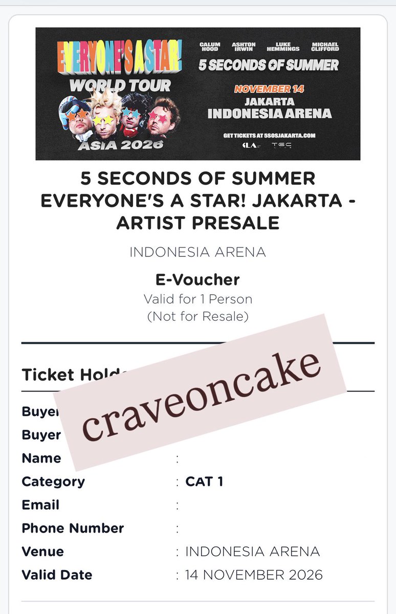 craveoncake's tweet photo. WTS
want to sell
tiket 5sos everyone’s a star in jakarta
14 november 2026

cat 1 (non-vip) - artist presale 
1 tix
💵2.471.000
harga web + tax

dijual karna pindah ke tgl 6 desember

• dp/fullpay
• diurus sampai tiket fisik

tag wts wtb ticket 5sos eas tour jkt 14 nov https://t.co/ip72Z0oeAC