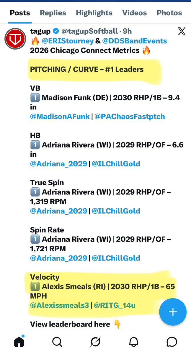 Alexissmeals3's tweet photo. I am honored to be listed within the 2026 Chicago Connect sports Metric Testing as the #1 Leader in Velocity with my Curveball and Screwball🥎! I am listed #5 with my fastball. My Velo and Spin rankings:
#1 in Velocity =Screwball @ 63mph 
#2 in true spin for Screwball
——
#1 in Velocity=Curveball @ 65mph
#5 in True Spin with curveball
——
#5 in Fastball Velocity @ 65mph
#3 in in FB Spin Rate
@ExtraInningSB @BobRossiRITG @RITG_14u @jcoupal @thunderjam134 @PrepSoftball @TopPreps @SoftbalAmerica @SoftballDown @SBRRetweets @ConnectSports_ @tagupSoftball