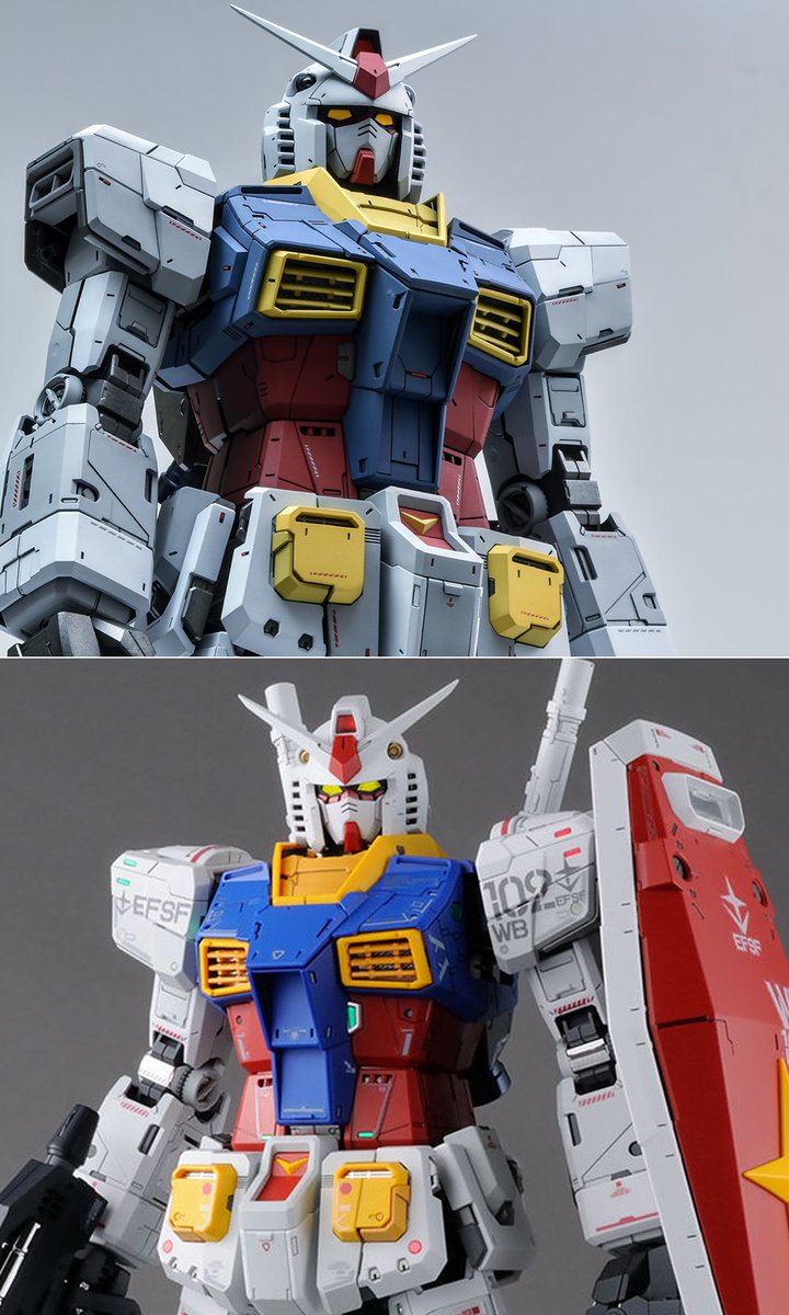 shun_m47's tweet photo. あらためて新作のPGUガンダムを
制作は約1ヶ月、既存ディテールの3割ほどを消して新規でディテールを追加
形状変更は頭部、胸部、肩の一部
カラーはアニメカラーをベースにしつつも全体的に色彩を抑えた感じに仕上げました。 https://t.co/dei6dIoMwU