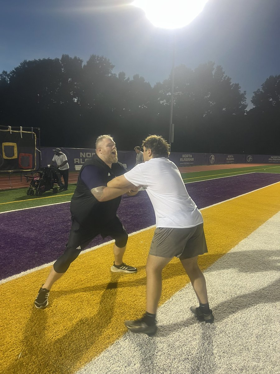 CoachJMcGuire's tweet photo. Great camp at @UNAFootball for @GrissomTigers.  Enjoyed @coachJClegg working like it was playoff time with the OL! Not just a camp they got coached up! Looking forward to big things with this staff @BrentDearmon  #RoarLions https://t.co/MzSBC8gre4