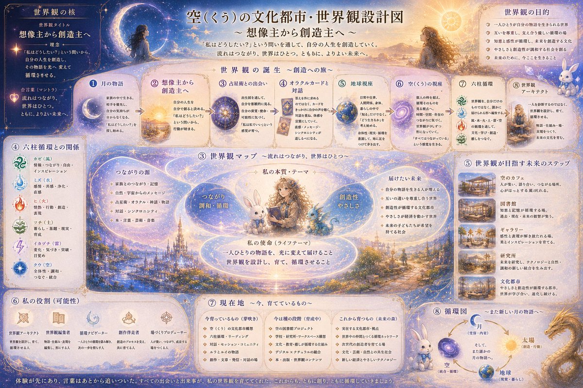 goddess0323's tweet photo. 世界観設計図を更新中。
「何を伝えたいか」ではなく、「なぜ、この世界観が生まれたのか」が少し見えてきた。
月の物語から始まり、「私はどうしたい？」という問いを通して、想像主から創造主へ。
まだ完成ではないけれど、 世界観が一本につながり始めた気がする。

#観測ログ
#世界観アーキテクト https://t.co/ei8nKvEcda