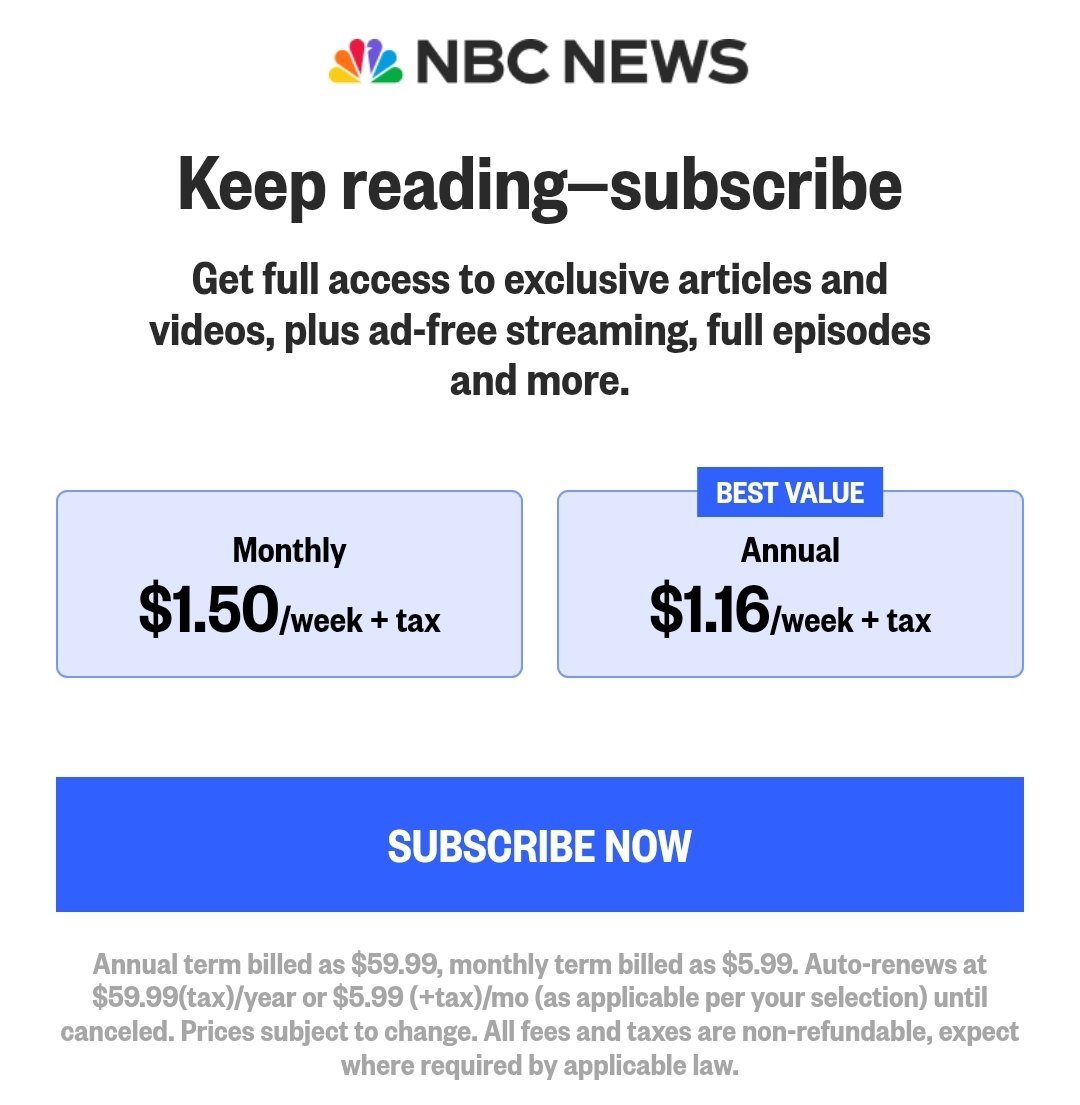LeonardoWebr's tweet photo. Can you imagine paying $60 per year to read NBC News. 😂 https://t.co/Im0Wi5cIGa