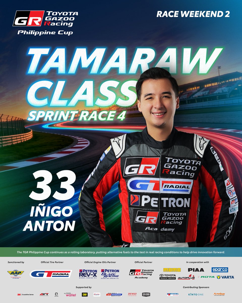 TGRPhilippines's tweet photo. Your Tamaraw Sprint Race 4 Winners ​

🥇Iñigo Anton
🥈Oliver Aquino
🥉Raymond Culada

#TGRPhilippineCup2026 #TOYOTAGAZOORacing #PushingTheLimitsForBetter #TGRPhilippines https://t.co/5g5Sdz9QNG
