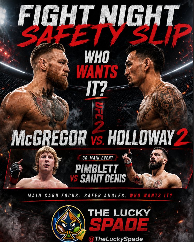 LuckySpadey's tweet photo. Fight Night Safety Slip tomorrow 👀

McGREGOR VS. HOLLOWAY

Main card focus, safer angles, and no forcing action. Just looking for the cleanest spots on the card.

Who wants it?

#UFC #McGregor #Holloway https://t.co/qOSX9ZJtfc