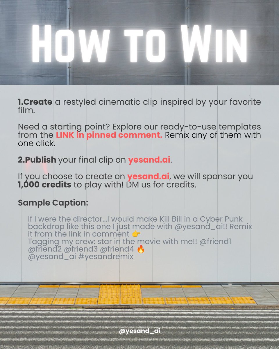 yesand_ai's tweet photo. Ever wished you could direct your own movie with AI? Rewrite the ending that broke your heart? Cast your favorite actor in an iconic franchise?

⭐ Here's your chance to win a share of $6,000! 
1,000 credits If you use yes& agent (DM “Film” for code!)

Tag @yesand_ai + 4 friends. Repost this Thread when you submit!

🎥 Remix one of our cinematic clips from the link in comment, or recreate your favorite action movie moment in your own style! 
🏆 The creator with the most views across all social medias wins! 

🎬 Lights. Camera. Remix! #AIFilm