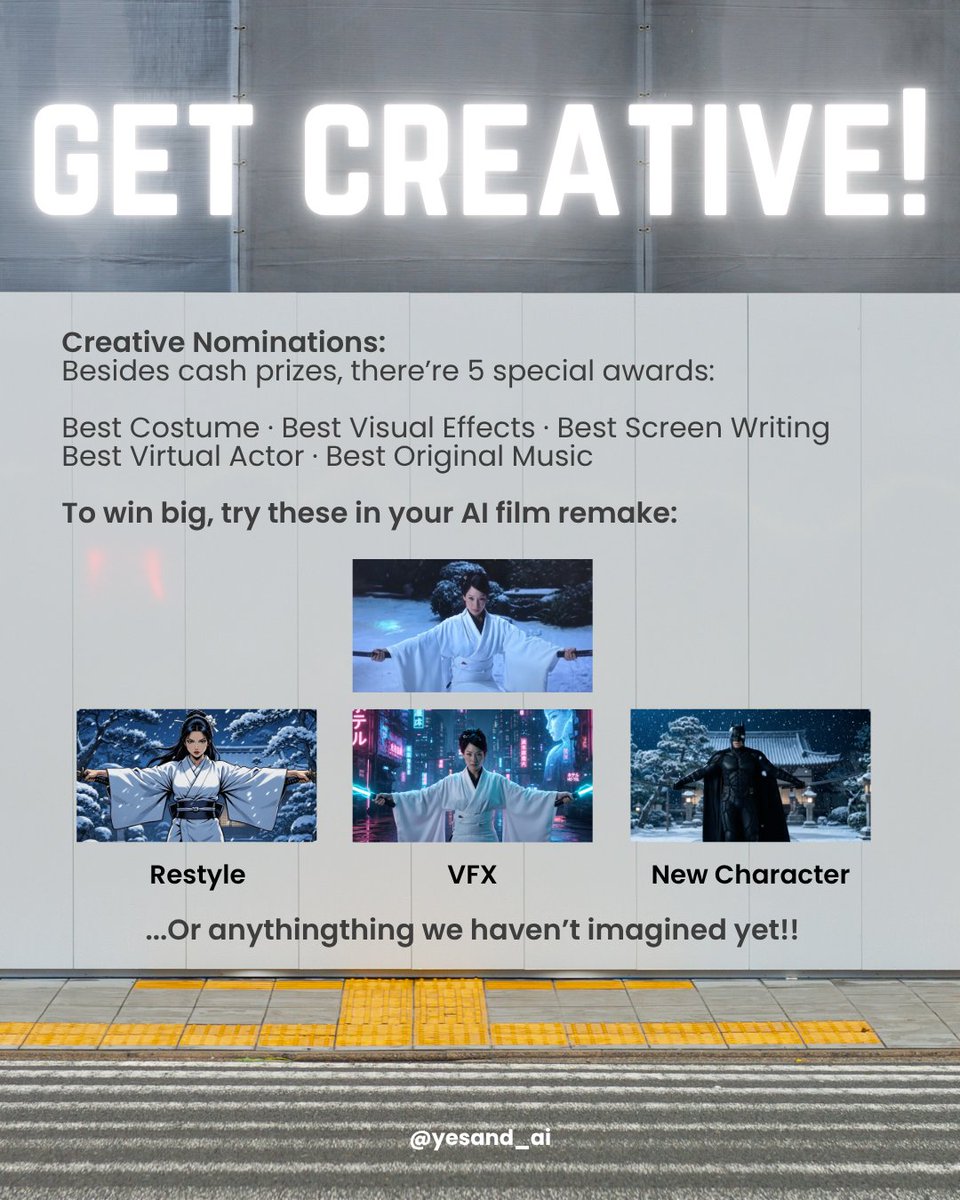 yesand_ai's tweet photo. Ever wished you could direct your own movie with AI? Rewrite the ending that broke your heart? Cast your favorite actor in an iconic franchise?

⭐ Here's your chance to win a share of $6,000! 
1,000 credits If you use yes& agent (DM “Film” for code!)

Tag @yesand_ai + 4 friends. Repost this Thread when you submit!

🎥 Remix one of our cinematic clips from the link in comment, or recreate your favorite action movie moment in your own style! 
🏆 The creator with the most views across all social medias wins! 

🎬 Lights. Camera. Remix! #AIFilm