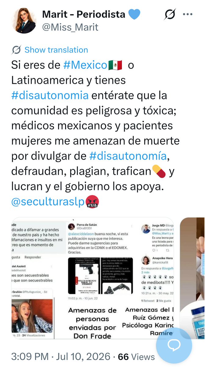 DorisGomora's tweet photo. En hilo con 12 posts, que publicó @Miss_Marit sobre red de defraudación que investigó por el tema de #disautonomia, solo 1 es visible, sin que @X informe la razón del ocultamiento.
Parte de la investigación de la periodista fué plagiado en un libro y lo denunció. 
@article19mxca https://t.co/YA6mnP6tpP