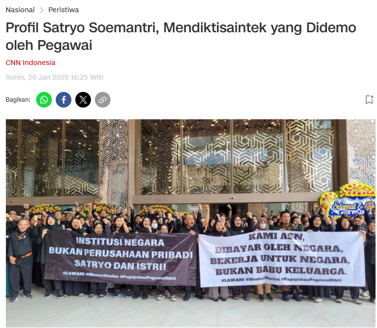 karirfess's tweet photo. Kalian ingat berita ini gak?

Hati-hati Kementerian PU, Pegawai Bisa Demo Juga~

Kasus bocornya surat dinas yang berujung mutasi pegawai ke pelosok patut jadi perhatian serius Kementerian PU.

Kenapa harus hati-hati?
- Pegawai negeri sekarang semakin berani bersuara dan kompak. Lihat saja kasus Mendiktisaintek yang sempat didemo pegawainya.  
- Mutasi mendadak tanpa proses yang transparan bisa dianggap sebagai pembalasan atau intimidasi.  
- Kalau pegawai merasa tidak adil, mereka bisa saja kompak demo atau melapor ke publik.. apalagi di era media sosial sekarang.

Jangan main-main dalam mutasi pegawai. Proses harus jelas, adil, dan sesuai prosedur. Kalau tidak, bukan tidak mungkin aksi protes massal akan terjadi. Pegawai juga punya suara, dan suara itu semakin didengar publik.

Lebih baik selesaikan dengan dialog dan transparansi daripada memicu konflik yang tidak perlu.