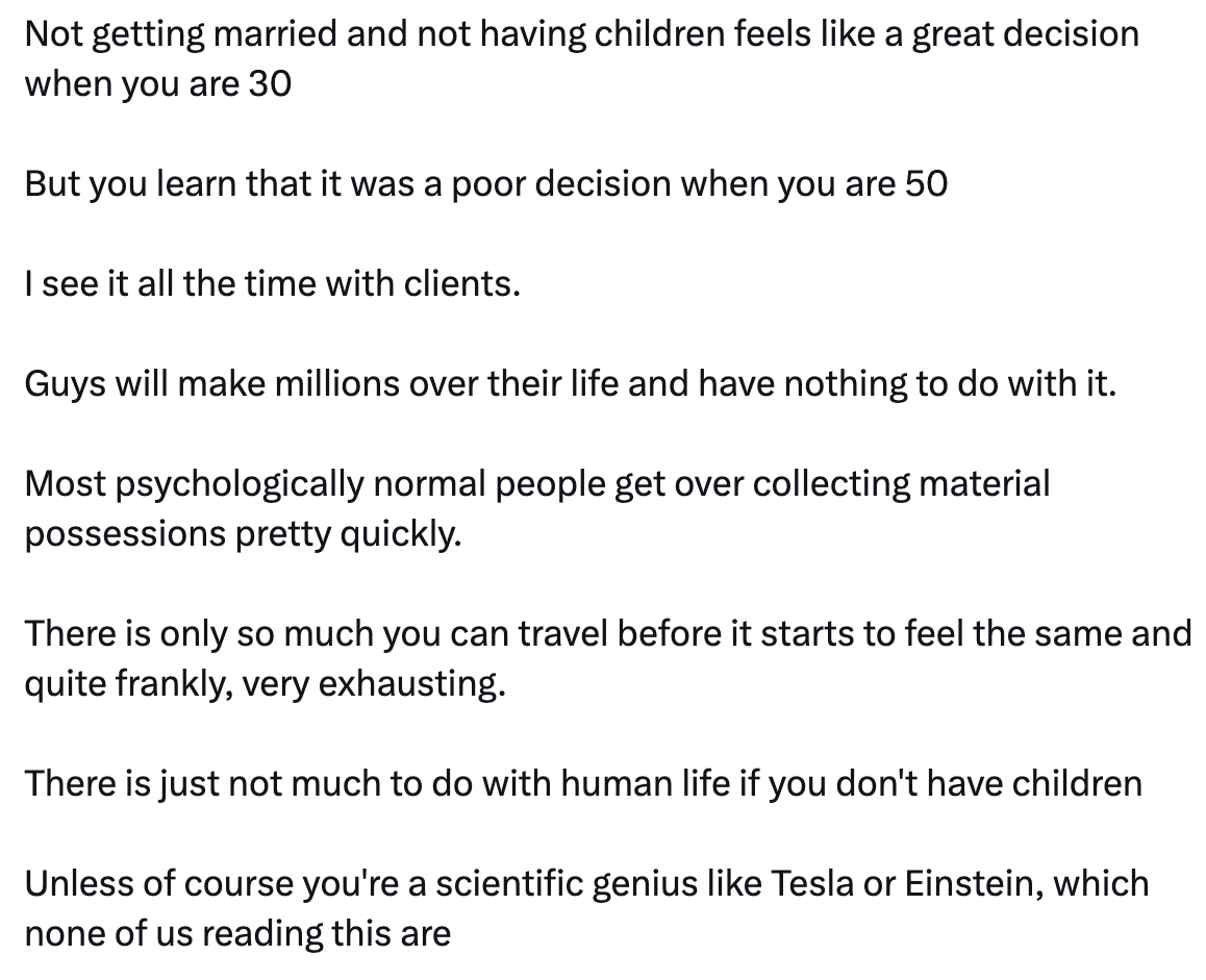 OtakuProcess's tweet photo. Reason why DINKs are NGMI and older they get, the more defensive they become about their decision to not have kids. One of the boldest claims where other couples envy their lifestyle, while in old age, not having anyone to rely upon.

Have children, people! https://t.co/I6t9HHKJcj