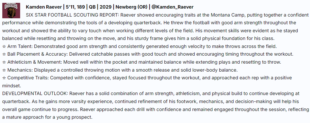 Kamden_Raever's tweet photo. Appreciate the recognition from @SixStarFootball after competing at the @MontanaGrizFB  camp. Thankful for the opportunity to learn, compete, and get valuable feedback from the coaches. Back to work—ready to earn everything this fall.

@CoachPease 
@NewbergFootball https://t.co/5NMg9PYkLR