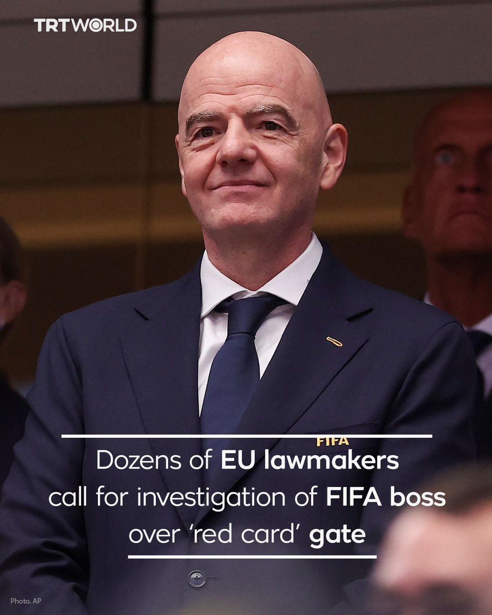 trtworld's tweet photo. Dozens of European lawmakers are gathering support to launch an investigation in the European Parliament of FIFA boss Gianni Infantino over his involvement in the decision to permit US striker Folarin Balogun to play despite an earlier red card.

European Parliament lawmakers Barry Andrews, Lara Wolters and Niels Fuglsang said in a joint statement that the decision by soccer’s world governing body to “change the rule on red card suspensions mid-tournament is a disgrace and a perversion of justice.”

The lawmakers are calling on the national football associations of EU member states to urge the FIFA Ethics Committee to investigate Infantino