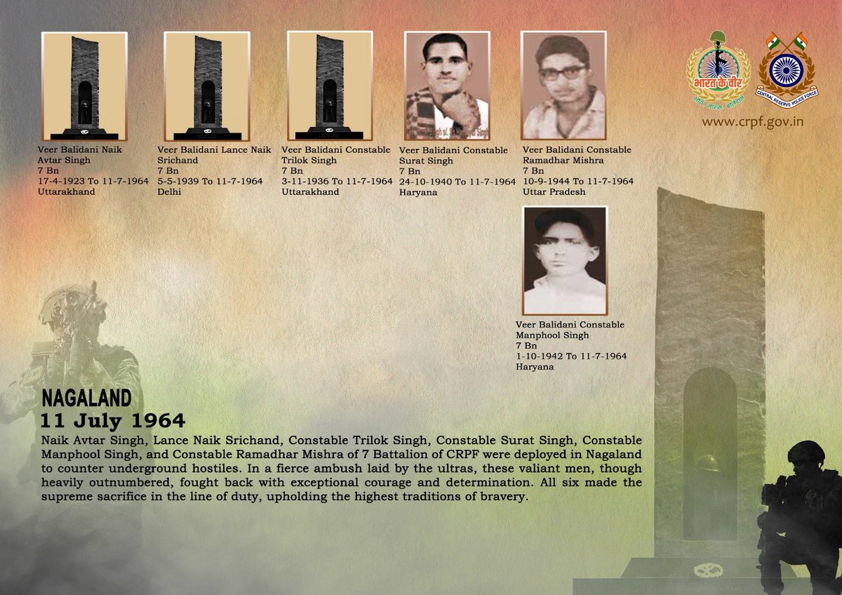 crpfindia's tweet photo. DG and all Ranks of #CRPF pay solemn tribute to six bravehearts of 7 Bn, who made the supreme sacrifice while bravely combating insurgents during an ambush in Nagaland on 11 July 1964. #CRPF salutes the bravehearts and pledges never to let their sacrifice go in vain.

#LestWeForget
🇮🇳 #Bharat_Ke_Veer 🇮🇳