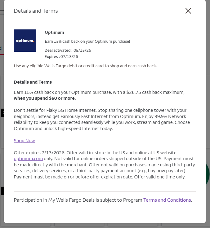 markgstern's tweet photo. @WellsFargo I used a Wells Fargo Deal with Optimum but the credit never showed up on my account.  Could you please help? https://t.co/vXL7SYezQ0