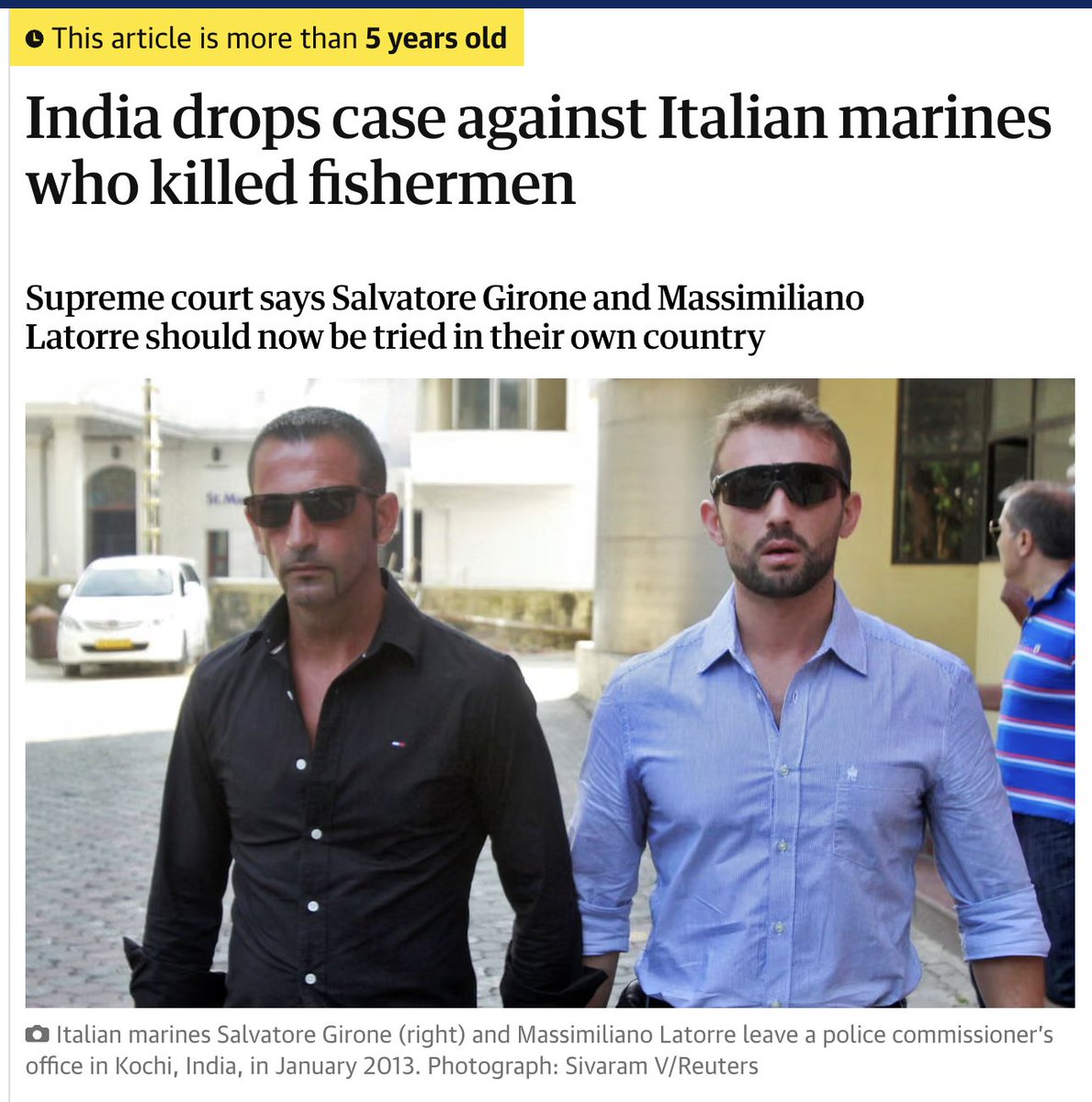 OfficeOfDGP's tweet photo. Feb15, 2012, 2 Italian marines—Massimiliano and Salvatore —aboard Italian commercial oil tanker MV Enrica Lexie shot &amp; killed 2 unarmed Indian fishermen off the coast of Kerala

but @SupriyaShrinate and Gang, question Modi about Indian on foreign ship killed during war https://t.co/yxcwR5hUfD