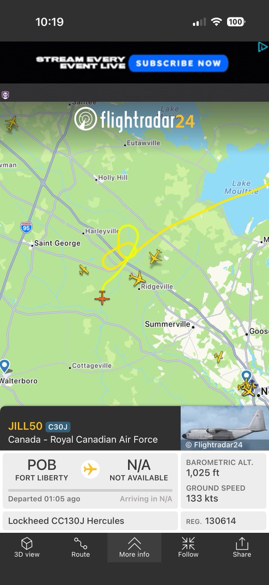 sparkle_clark's tweet photo. @ChrisJacksonSC Why would this Royal Canadian Air Force Plane make a bow over Dorchester, SC?
It departed from Fort Liberty, I followed it to Beaufort where JILL51 joined it.Then both flew around Georgia and currently back in SC near Hampton. https://t.co/qcAQ36Rw1r