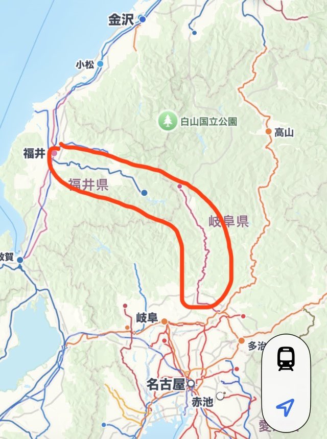 melonplumn's tweet photo. 北陸新幹線全通後の北陸〜中京間の移動を心配するお声が散見されるようになってきたんですが、そこでですね、こちらにいかにも「名古屋と北陸を短絡するためにあります」って顔をしている路線があるんですけど...... https://t.co/KJVxrufFkP