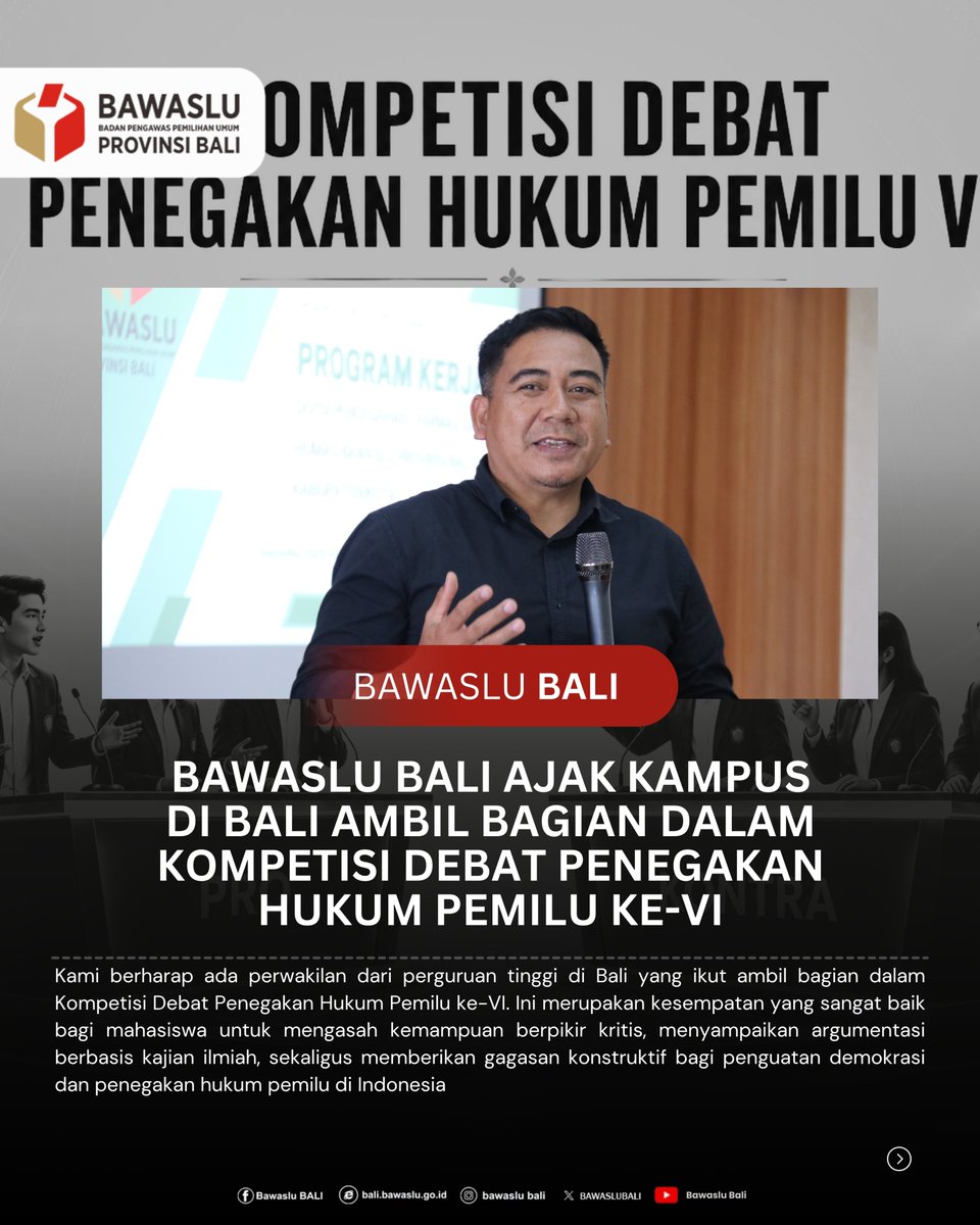 BAWASLUBALI's tweet photo. Bawaslu Bali Ajak Kampus di Bali Ambil Bagian dalam Kompetisi Debat Penegakan Hukum Pemilu ke-VI

Baca selengkapnya di :
https://t.co/zVEKRGsRDF https://t.co/3gYt0pjBD3