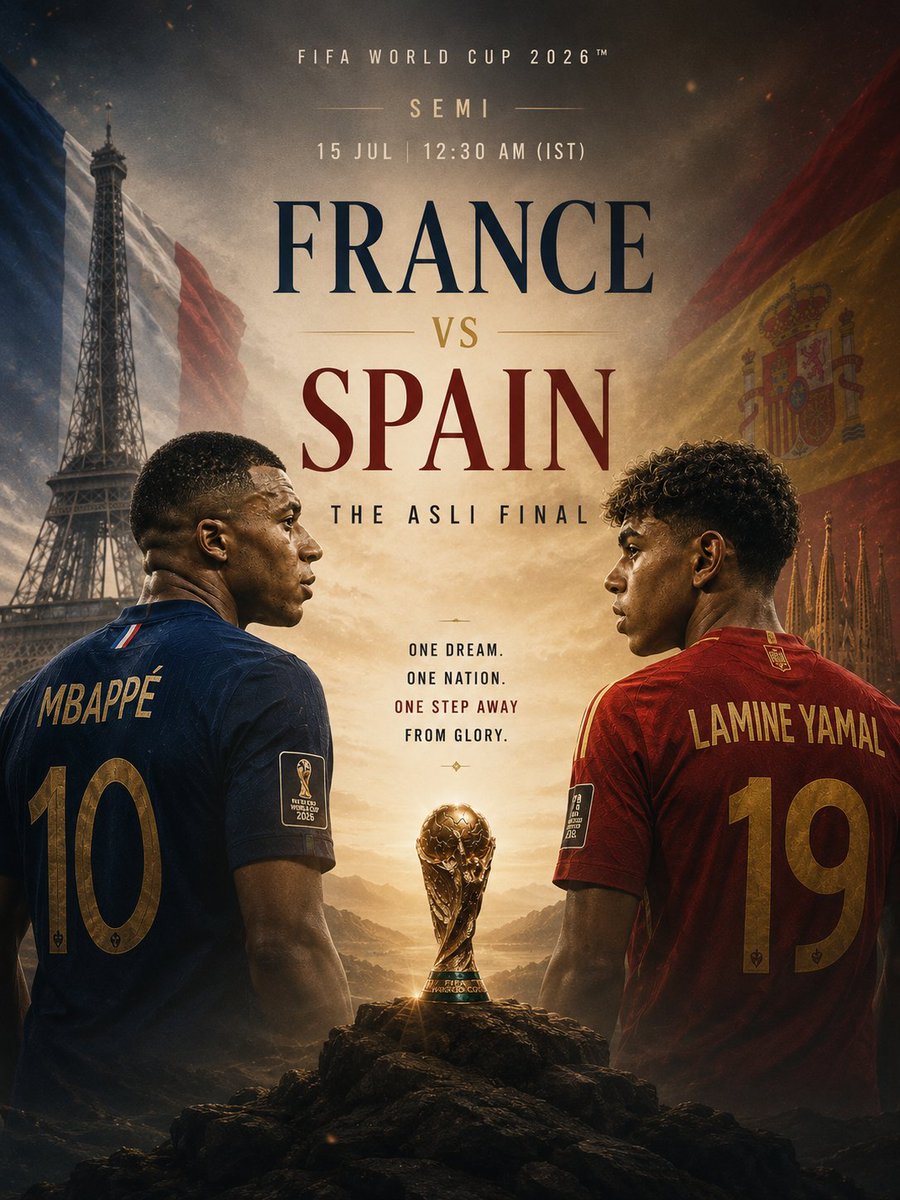 tourthewild2's tweet photo. A clash of champions. A battle of philosophies. Experience meets fearless youth.
Two generations. One stage. One place in the FIFA World Cup Final.
Whoever you're backing this is the kind of football that reminds us why we love the beautiful game.
The Asli Final. 
#FIFA2026 #usa https://t.co/1d750c5xyH
