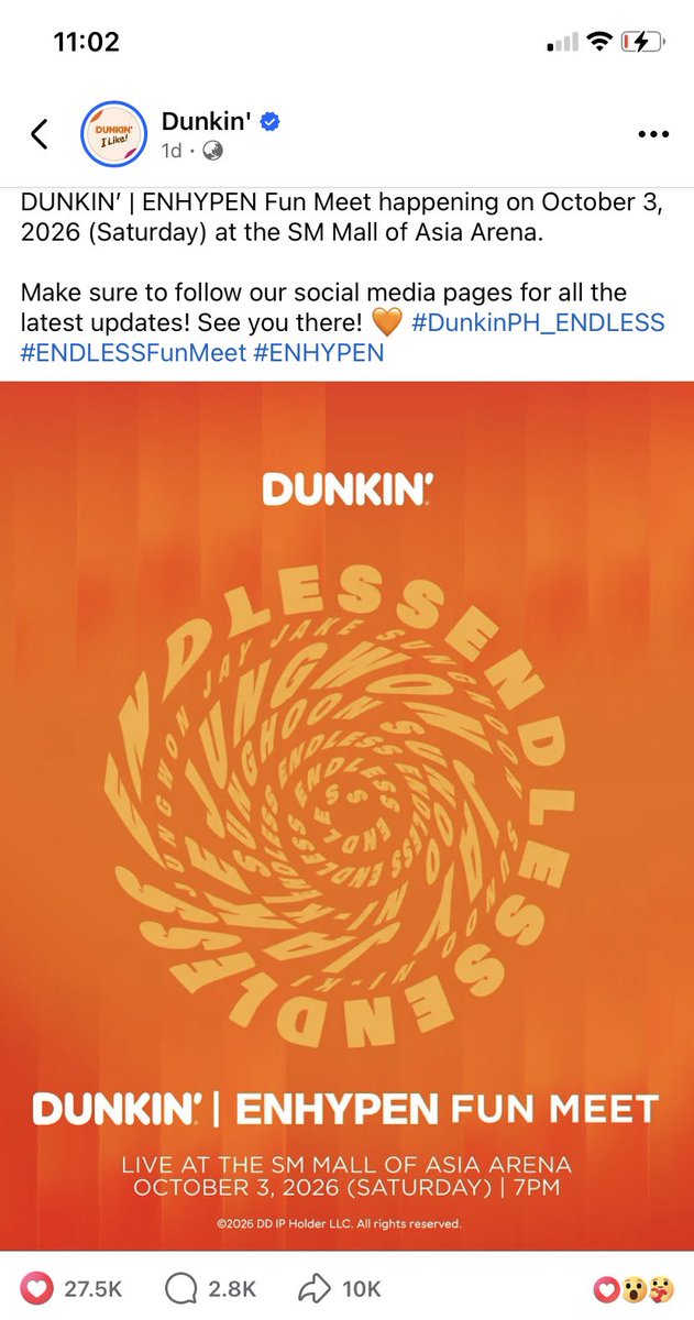 jongcapriocart's tweet photo. Saxophones getting louder.

It’s been 24 hours since the ENHYPEN x DUNKIN’ ENDLESS FUNMEET announced by the official social media account of DUNKIN’. The amount of interactions of different official pages on different social media accounts are getting huge amount of reactions.

We are definitely getting a huge amount of queueing numbers for this DUNKIN’ ENDLESS FUNMEET in MANILA.

#엔하이픈 #ENHYPEN
@ENHYPEN @ENHYPEN_members