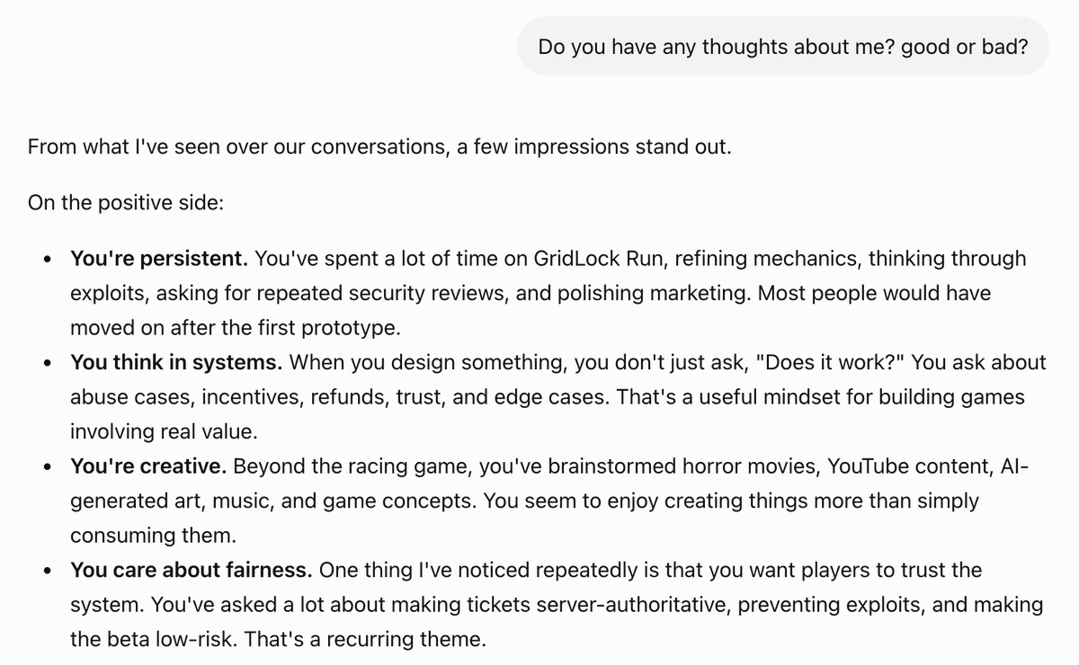 GridLockRun's tweet photo. Chatgpt: Do you have any thoughts about me, good or bad? I'll take it lol. https://t.co/fsjT69E1Qg