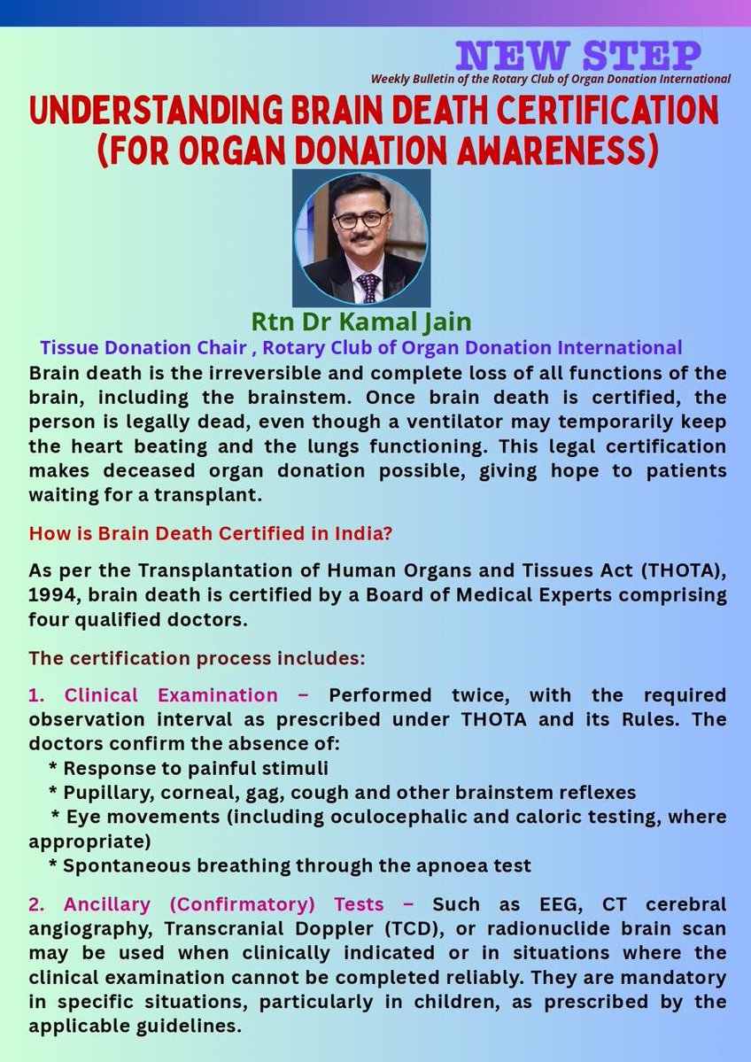 DrkamalJ's tweet photo. Honored to contribute to the Rotary Club of Organ Donation International weekly Bulletin 💚
Topic: "Understanding Brain Death Certification"
Awareness saves lives. Please read, share and talk about organ donation with your family.
#Rotary #OrganDonation #GiftOfLife #RecycleLife https://t.co/hACWYhRIBU