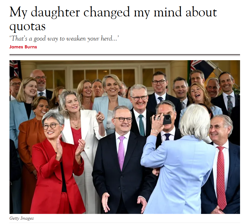 SpectatorOz's tweet photo. I never thought I’d write a sentence beginning with, ‘My fifteen-year-old daughter has changed my mind about quotas.’

Yet here we are...

Article | https://t.co/8OGpwiBFfA https://t.co/2s6WVmlZkh