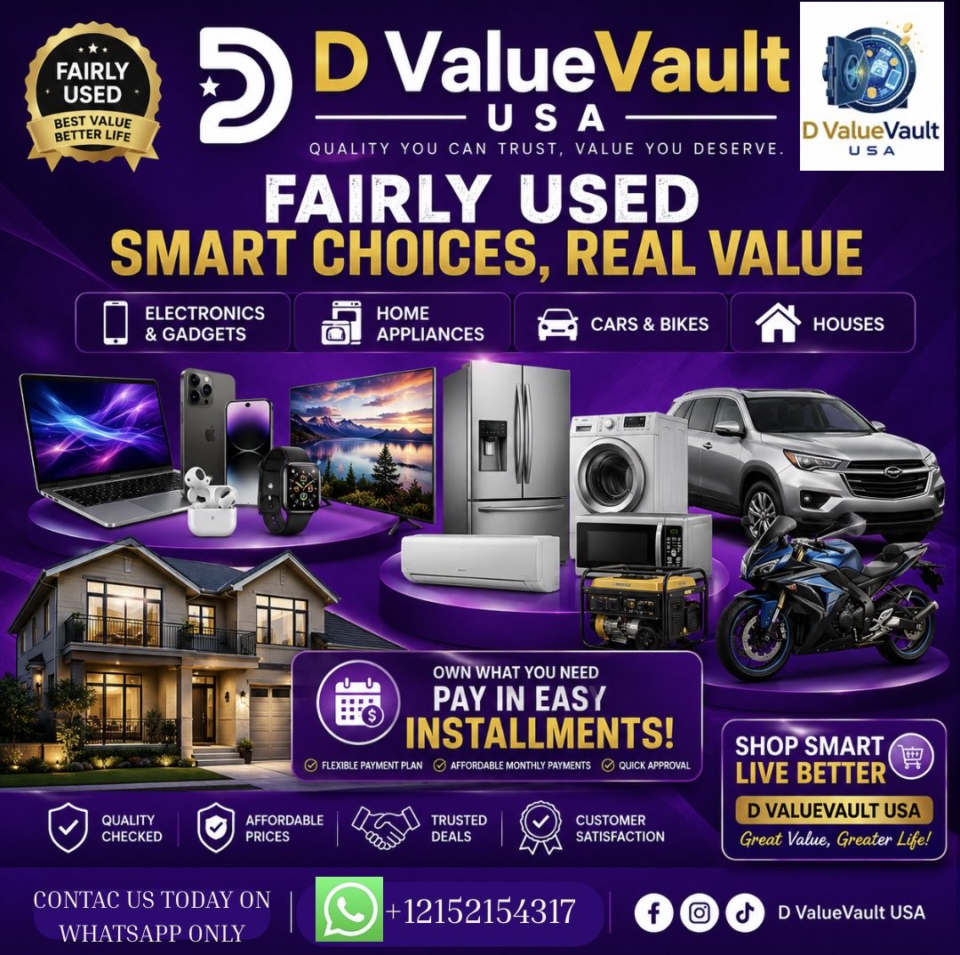 DValueVaultUSA's tweet photo. @Variety @natfluential 🚨 WELCOME TO D VALUEVAULT USA 🇺🇸 🚨

Your #1 plug for FAIRLY USED quality items:
✅ Electronics &amp; Gadgets
✅ Home Appliances 
✅ Cars &amp; Bikes
✅ Houses

Quality Checked. Affordable Prices. Installment Plans.

Shop Smart. Live Better. 💰
📲 https://t.co/DGIDwv1CBL
#BestValue https://t.co/xAW5wGg6Xh