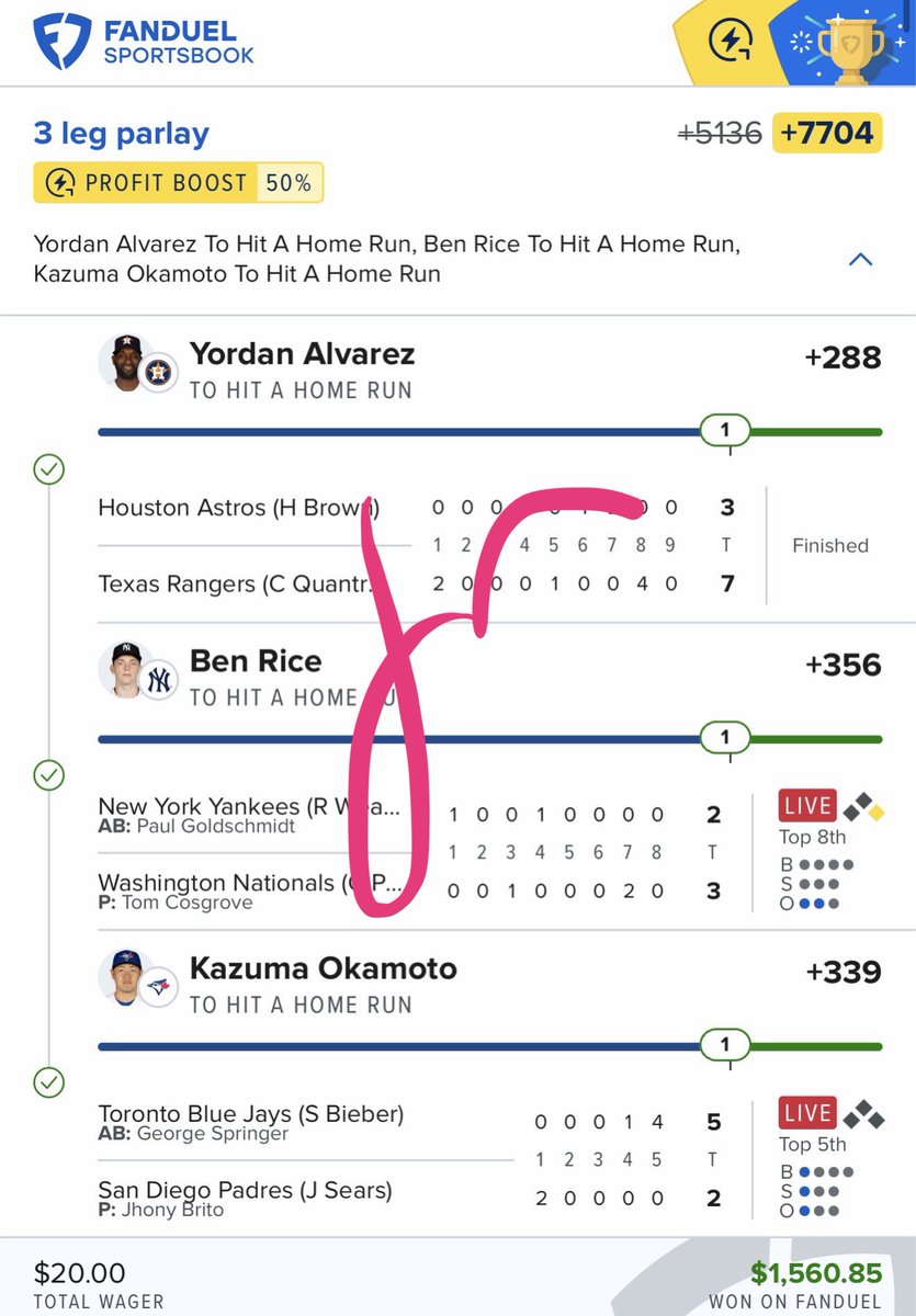 MissJasMoney's tweet photo. ATP, I’m just blessed. 
To top it off, this the 6th slip I cashed my my chattttttt ‼️

Cash the 50% boost 3 man 🥳
Rice x Yordan x Moto 🔥
$20 ➡️ $1500 https://t.co/v1Oom9kpg5